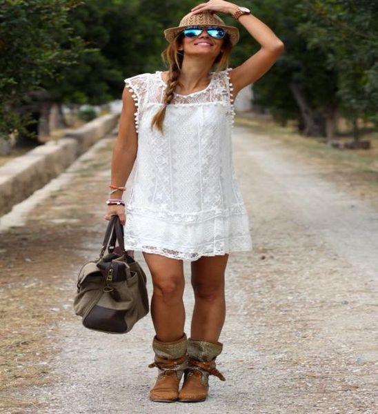 

fashion-women casual mini drs summer short sleeve evening party beach dress lace hollow out womens loose clothing6706915, Black;gray