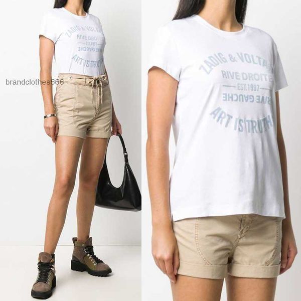 

zadig voltaire 23 designer t shirt zv casual letter women's t-shirts classic letter print blue flocked cotton white short sleeve t-shir