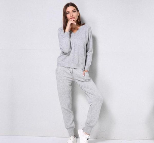 

women039s tracksuits suit autumn and winter wool cashmere knitted vneck sweater hoodie twopiece jogging9451879, Gray
