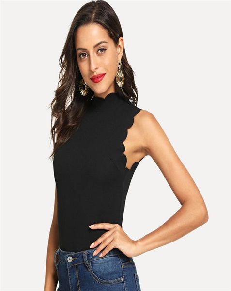 

fashionelegant black solid button scallop trim keyhole back stand collar tank summer women casual vest9037614, White
