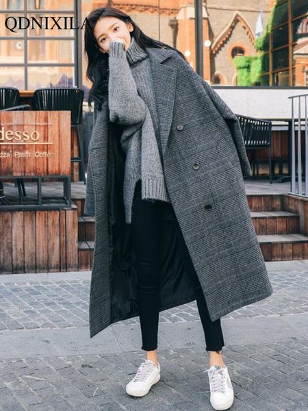 

women's wool blends autumn winter women's coat plaid tweed wool warm long jackets female overcoat korean fashion outerwear trench, Black