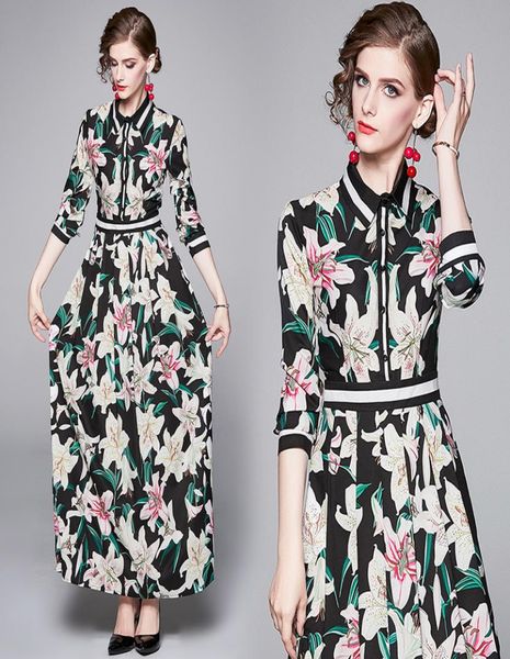 

new arrival spring summer fall autumn runway floral print collar long sleeve empire waist women ladies casual party beach maxi dre3665861, Black;gray