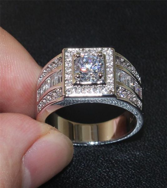 

925 sterling silver round gemstone simulated diamond zircon side tone rings engagement wedding band jewelry for men sz 7137599679, Slivery;golden