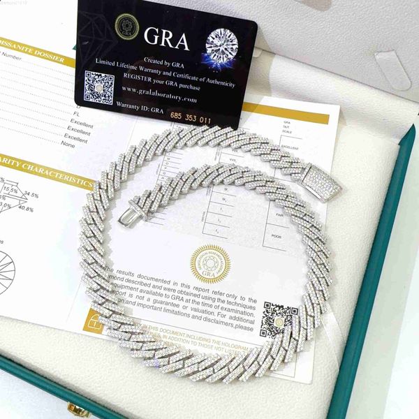 

12mm cuban silver chain plated necklace for men moissanite prong link 925 diamond bracelet
