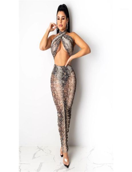 

fashion skinny two piece sets women leopard two piece dress see through halter crop 2pcs2446216, White