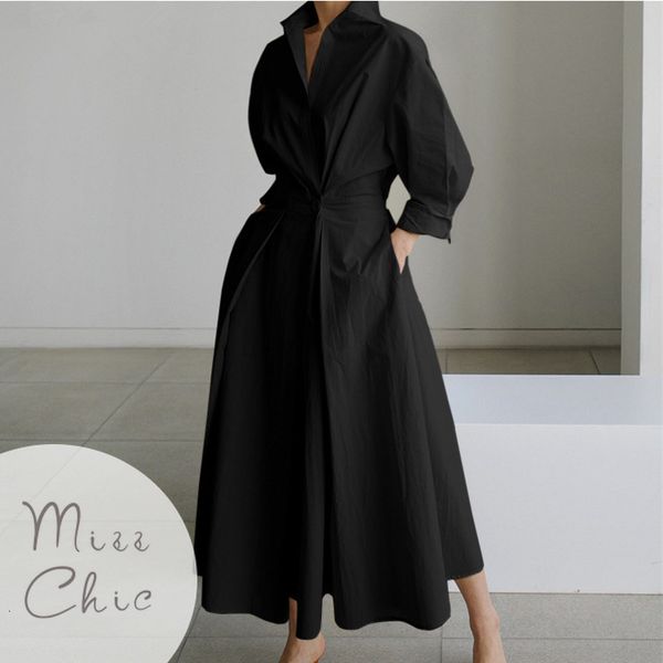 

basic casual dresses s 5xl korean fashion long sleeve shirt dress chic turndown neck ruched maxi women autumn winter clothes streetwear 2308, Black;gray