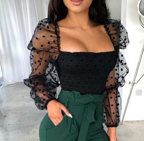

mesh seethrough women blouse square neck polka dot puff tube sheer long sleeve elastic shirt clubwear party streetwear5407886, White