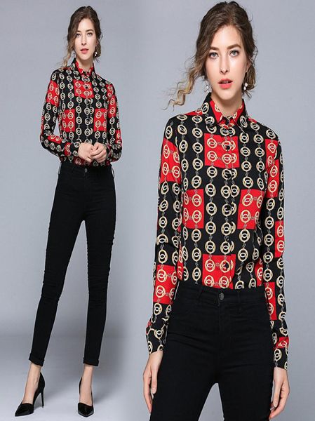 

new luxury fashion geometric printed shirts spring fall runway women039s long sleeve lapel neck blouses office lady business sl8322841, White