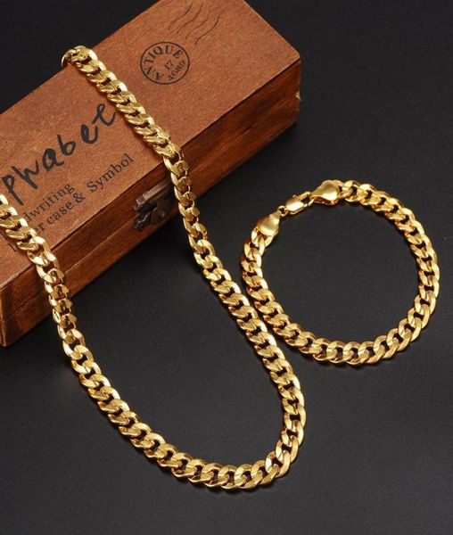 

classics fashionable real 24k yellow gold gf mens woman necklace bracelet jewelry sets solid curb chain abrasion resistant r013751073, Silver