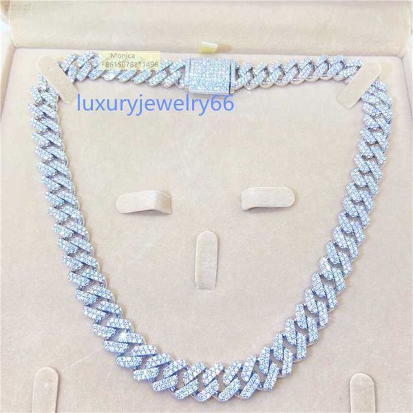 

pass diamond tester 13mm two row luxury shining jewelry iced out vvs1 moissanite cuban link chain necklace, Silver
