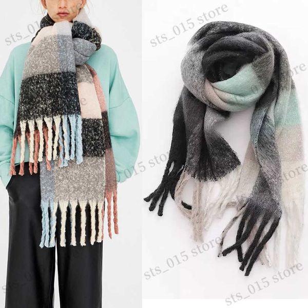 

scarves thick women plaid scarf winter warm pashmina shawls cashmere wrap lady tassel check pattern scarves rainbow hairy bufanda t230425, Blue;gray