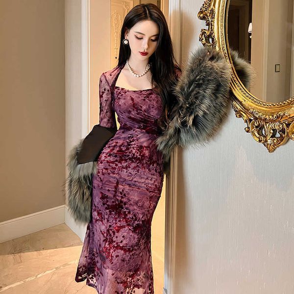 

women's casual dresses 2023 spring women's french square neck dign sense plum blossom fabric mh slim fit fishtail dresses 30010, Black;gray