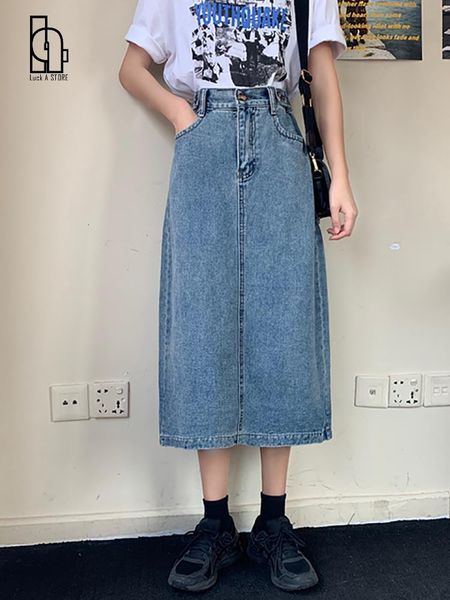 

skirts luck a fashion retro long summer spring denim skirts girls high waist button pockets split jeans straight maxi denim skirts 230301, Black