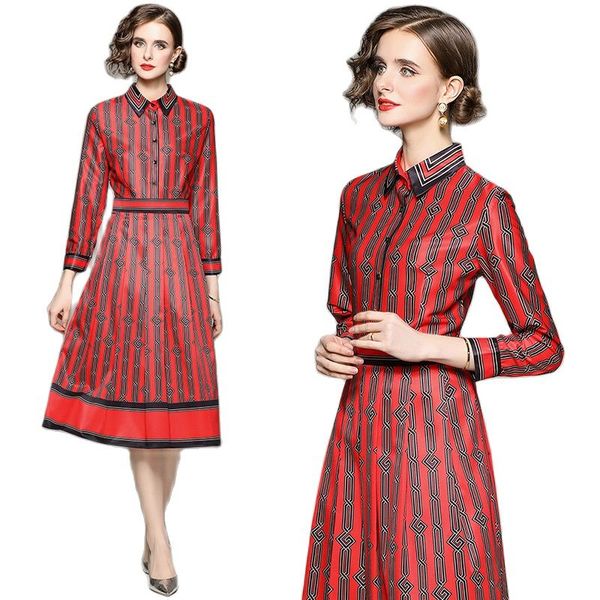 

2023 classic printed long sleeve red casual dress women runway designer fashion ladies midi dresses office party button front elegant cockta, Black;gray