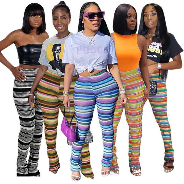 

women's goods stretch candy color pencil stripe knitted hollow jacquard fashion pile pants casual slim bell bottoms, Black;white
