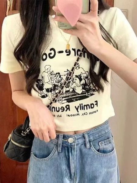 

women's t-shirt american retro letter printing shortsleeved tshirt women's ins trend slim commuting ninepoint summer 2023 new styl, White