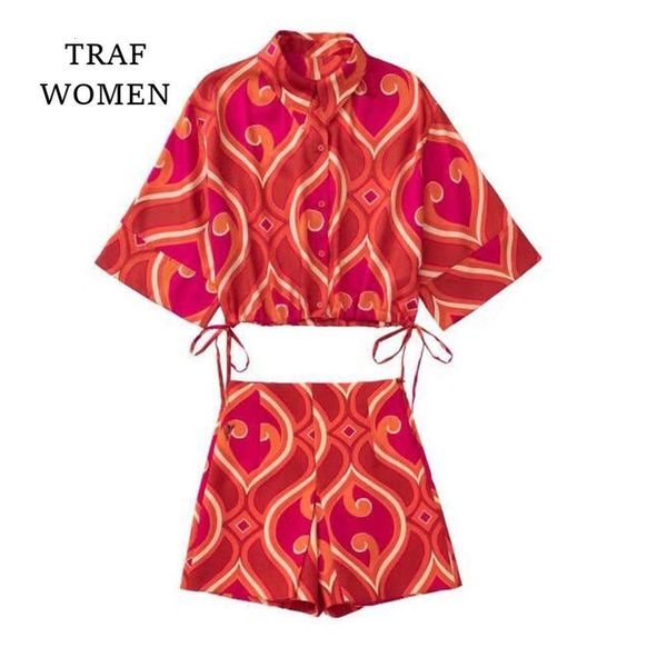 

women's two piece pant traf button down female short sleeve t shirt pink geometric print shorts front trend pretty color chic 230228, White