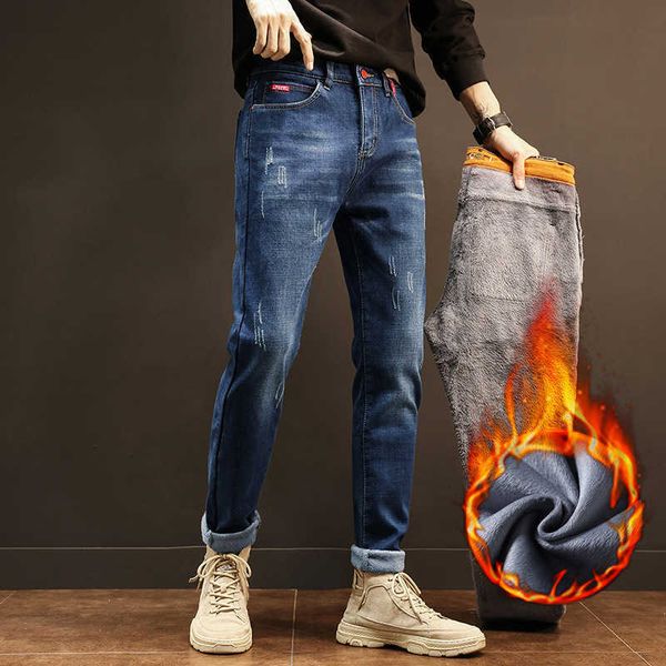 

men's jeans winter thermal warm flannel stretch mens quality famous brand fleece pants men straight flocking trousers jean male y2303, Blue