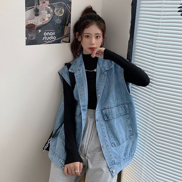 

womens vests s4xl oversized women denim vest spring autumn sleeveless turn down collar loose jean jacket pockets female outerwear 230301, Black;white
