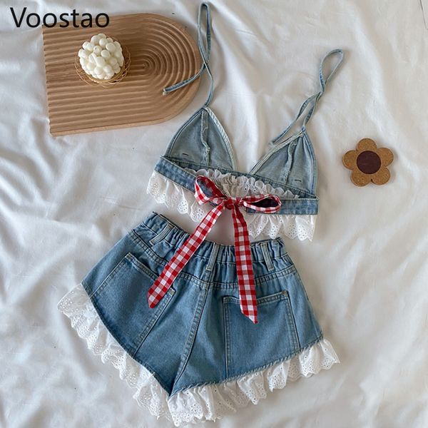 

women's two piece pants summer sweet lolita style denim shorts sets girls lace bandage camisole crop ruffles jeans short women 2pc set, White