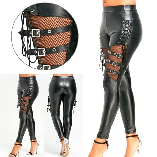 

women's pants pu leather skinny slim trouser gothic punk leggings fishnet trim lace pant faux pencil club clothing 230301, Black;white