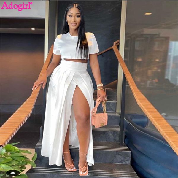 

two piece dress adogirl solid two piece set dress women summer outfits o neck short sleeve crop high split maxi pleated skirt party suit 230, White