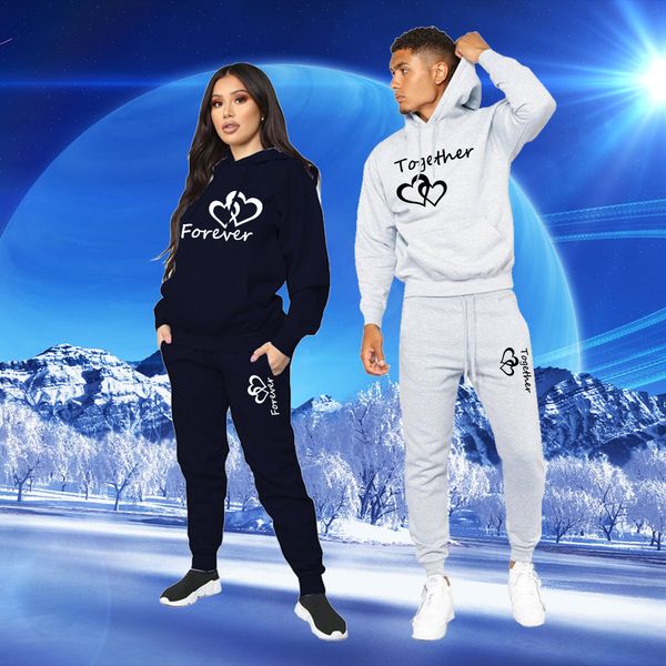 

mens tracksuits fashion couple sportwear set together and forever printed hooded suits 2pcs hoodie pants s4xl 230301, Gray