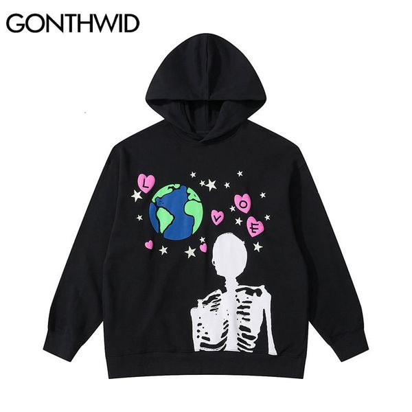 

men's hoodies sweatshirts gonthwid hip hop hoodie sweatshirt streetwear earth skeleton print punk gothic hooded winter harajuku cotton, Black