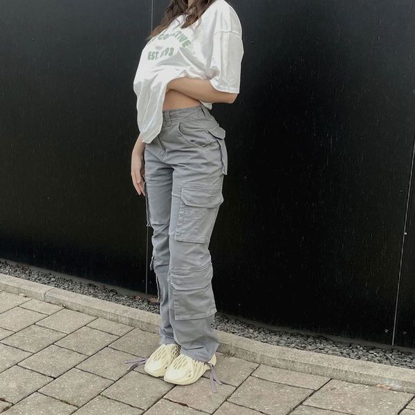 

women's pants cargo low waist vintage grey loose streetwear baggy jeans retro sporty pockets wide leg y2k denim trousers overalls 23030, Black;white