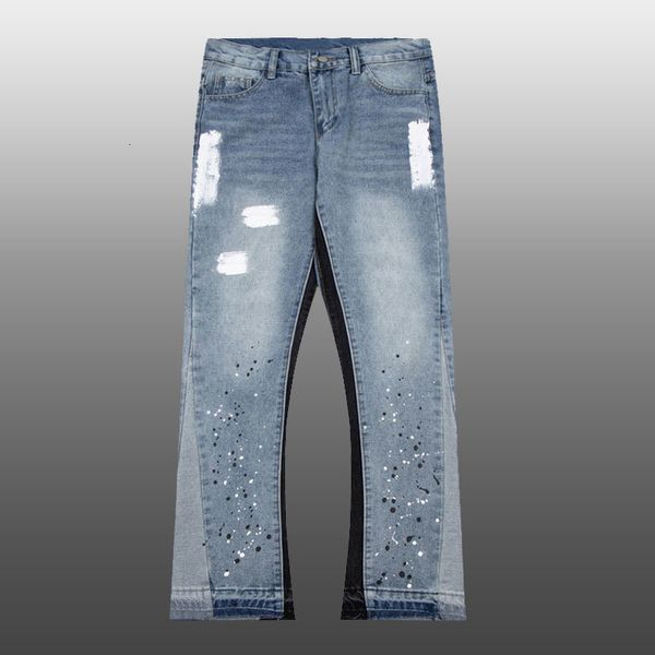 

men's jeans streetwear splash ink women patchwork punk hip hop pants flared 2023 spring destroyed ripped 230301, Blue