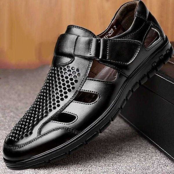 

sandals men sandals shoes pu hollow out breathable non slip soft sole solid color leather casual sneakersj230221, Black
