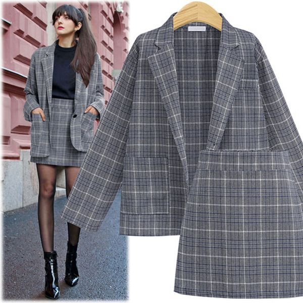 

two piece dress women suit sets autumn elegant office plaid long sleeves single-breasted pocket suit jacket skirt suits formal skirt set 230, White