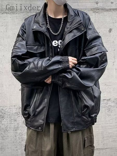 

men's leather faux leather gmiixder motorcycle pu leather jacket men's oversize casual american retro overcoat punk streetwear coo, Black