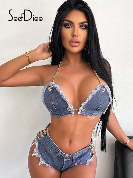 

women's two piece pants soefdioo blue denim chain patchwork halter bikini and shorts set women clothing summer club outfits 230228, White
