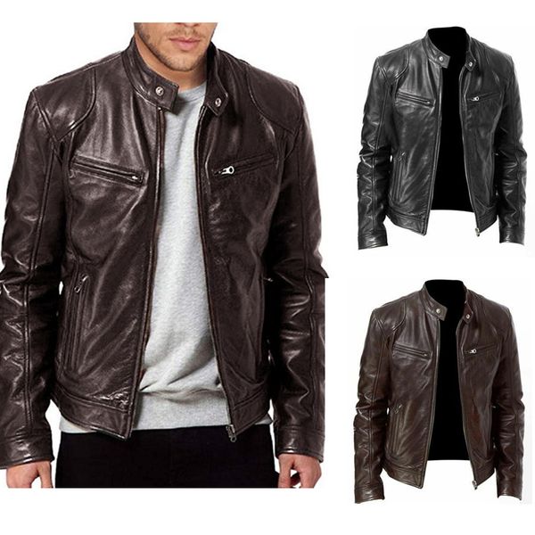 

men's leather faux leather autumn men's casual fashion stand collar slim pu leather jacket solid color leather jacket men antiwind, Black