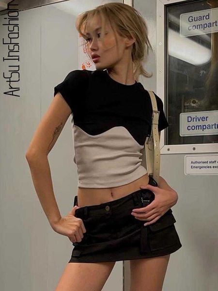 

women's t-shirt 90s tee o neck summer patchwork t shirts women short sleeve casual y2k crop fashion 2022 vintage z0301, White