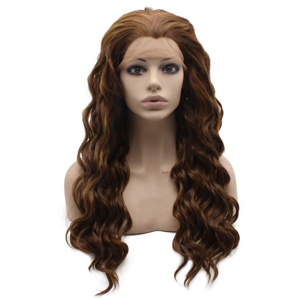 

24" long highlighted brown wig density full heat friendly synthetic hair lace front wig, Black