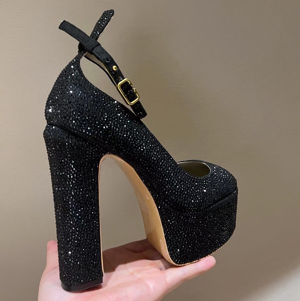 

luxury high heel designers dress shoes rhinestone decorative platform super high heels 15.5cm women wedding shoe ankle strap fashion sandals, Black