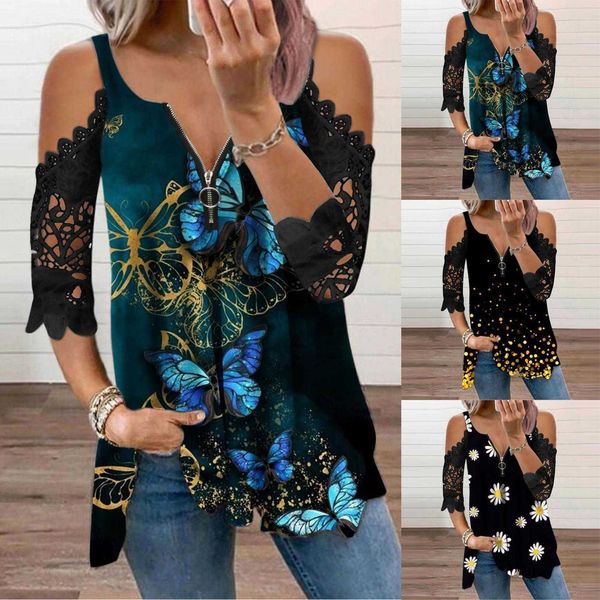

summer womens zipper t shirts printed off shoulder lace v neck patchwork top, White