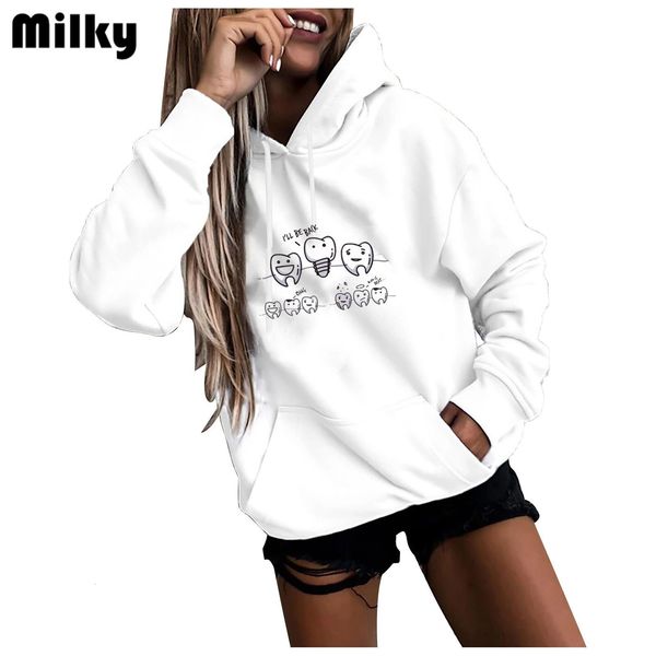 

womens hoodies sweatshirts 90s harajuku crewneck hoodie pattern cartoons kawaii aesthetic printing aesthetic women shirts funny tooth dentis, Black