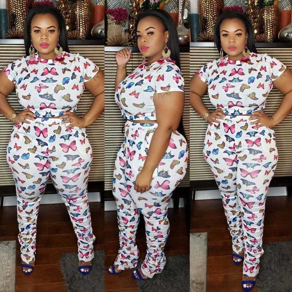 

womens butterfly floral print pants casual jumpsuit suit plus size two piece, White