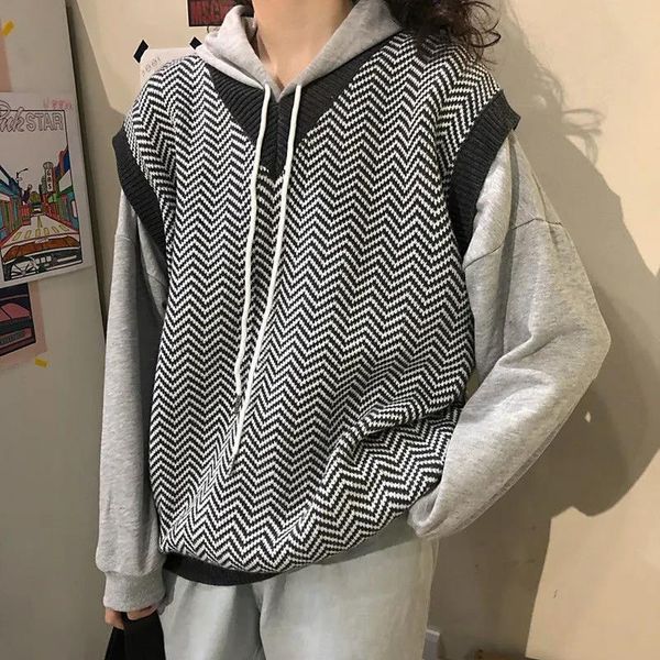 

womens vests korean knitting vintage knitted sweater vest women sleeveless oversize pullover sweaters jumper female waistcoat unif 230301, Black;white