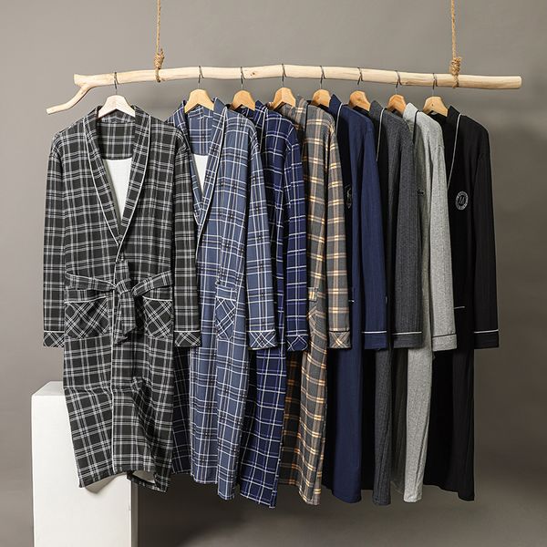 

men's robes spring autumn plaid bathrobe men sleep kimono robes for male full pure cotton long bath robe bride robe dressing gown m-4xl