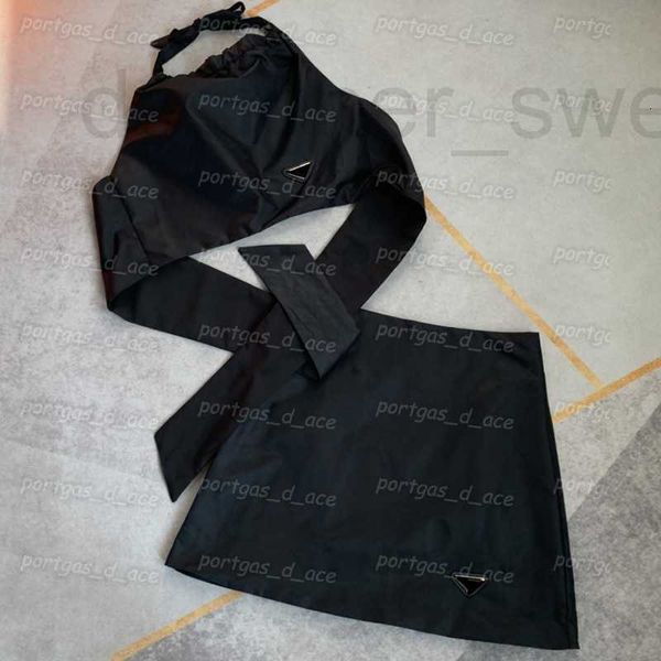 

plus size dresses designer triangle badge crop womens re nylon camis halter backless skirt set black summer mini e8pd j2t6
