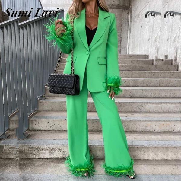 

womens two piece pants fashion feather blazer set women solid color long sleeve coat straight suits female office commute suit 230228, White