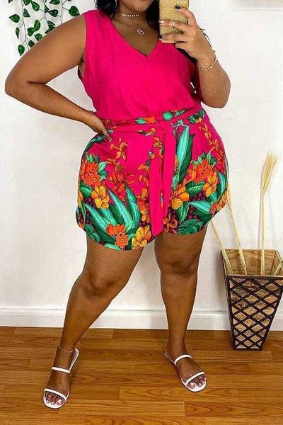 

womens summer sleeveless printed shorts plus size jumpsuit, Black;white