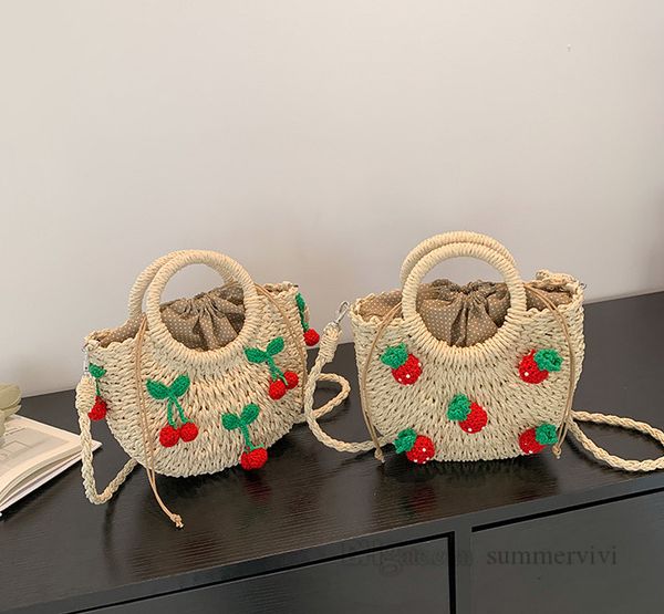 

children strawberry applique grass weaving handbags kids cherry straw hand made shopping basket summer girls easter princess single shoulder, Black