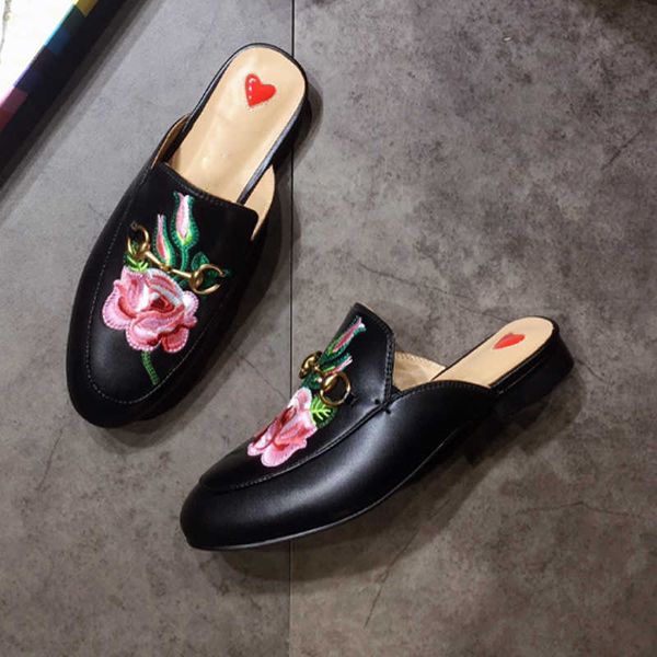 

2023 fashion casual mules flats designermetal chain princetown men women slippers mules flats genuine leather fashion genuine leather casual, Black