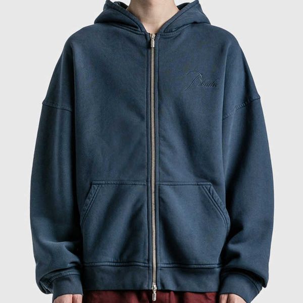 

street fashion american rhude splicing capsule zipper plush loose hooded sweater coat couple hoodie, Black