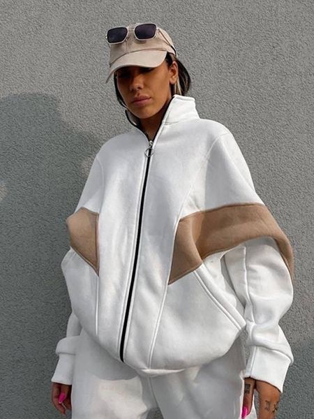 

women's two piece pants sportswear two pieces set women casual long sleeve zip coat high waist pants female suit autumn thicken lady ou, White